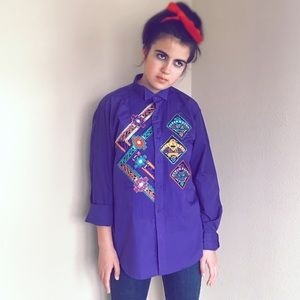 Vtg Blouse Button Up Hand Painted Wayne Scott